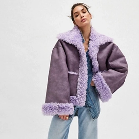 Free People Kiki Faux Leather Jacket Coat Fleece Sherpa Purple Women M NWOT - Picture 1 of 13